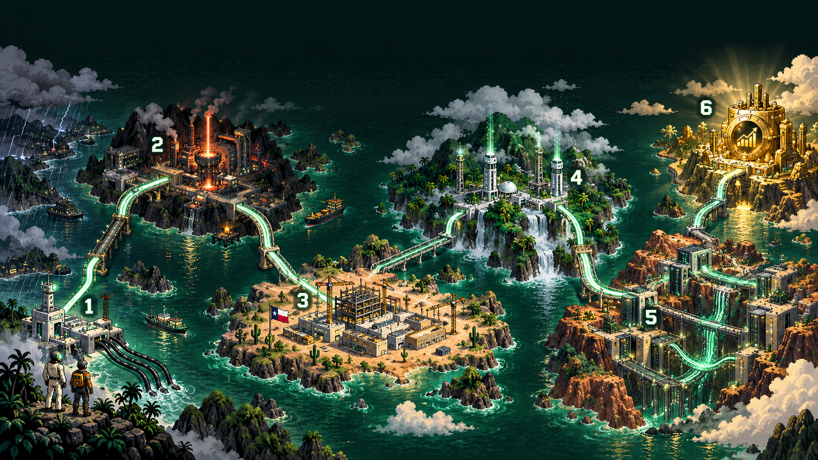 Six connected fictional territories across an optical island network